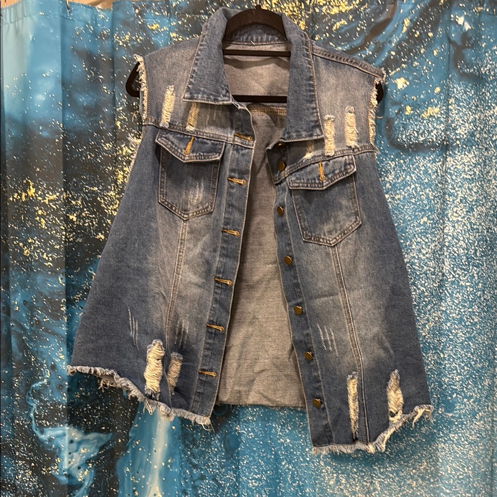 Rugged Blue Denim Vest with Distressed Details